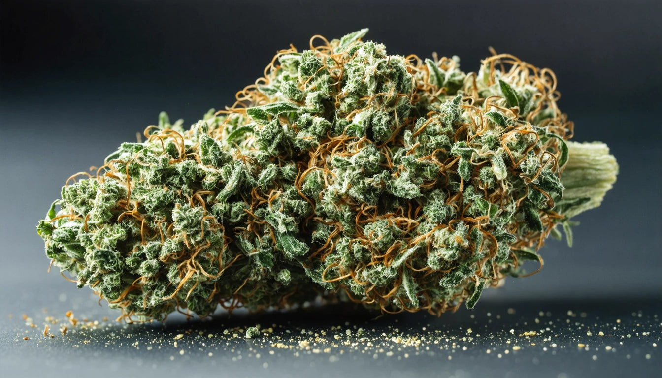 Dense, green plant bud with orange strands and frosty texture, resting on a dark surface with scattered yellow specks