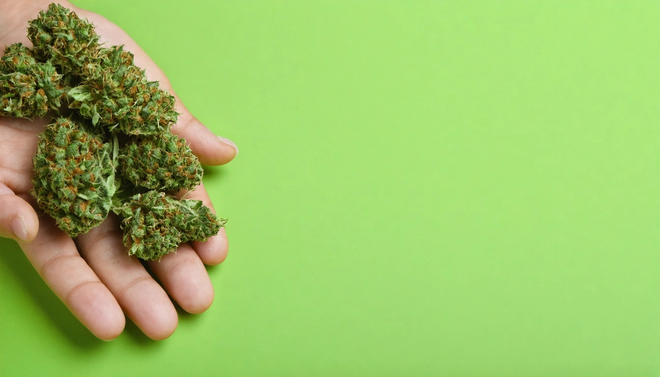 Hand holding green, spiky plant buds against a bright green background