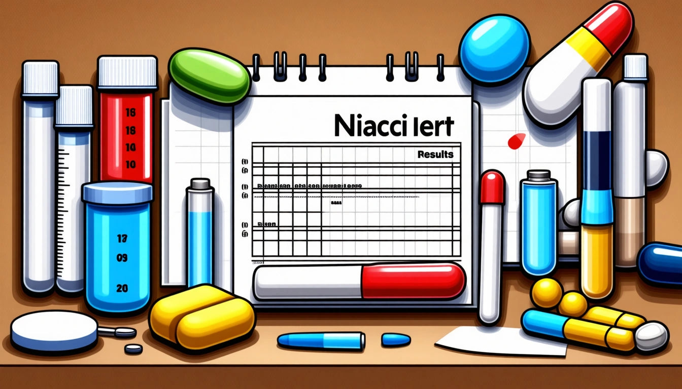 Spiral notebook with grid chart, surrounded by colorful pills, test tubes, and a pen on a brown surface
