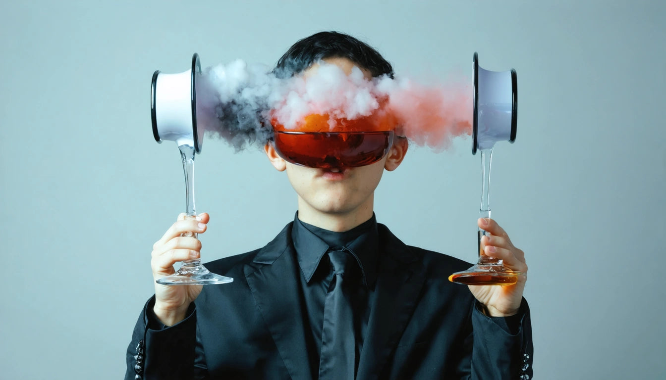 Person in black suit holding two smoking glasses with red liquid, covering eyes, against a plain background