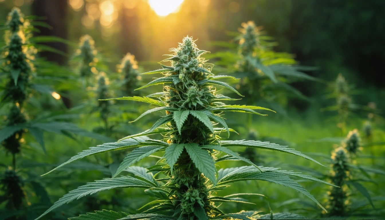 Green plant with pointed leaves and dense clusters, sunlight filtering through trees in the background