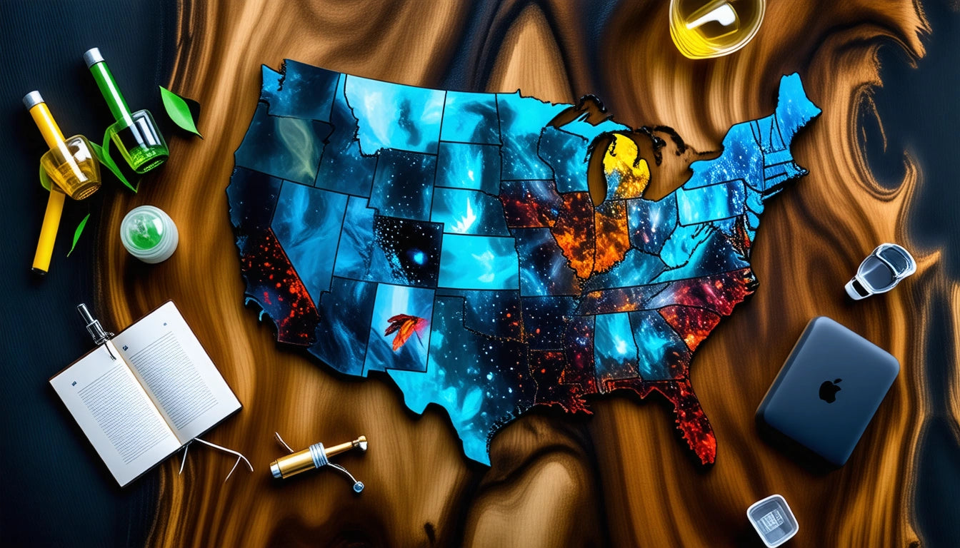 Colorful map of the United States on a wooden surface, surrounded by a notebook, pens, a drink, and a laptop