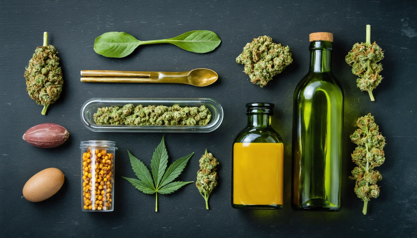 Green bottles, cannabis buds, hemp leaf, seeds, and oils arranged on a dark surface with a gold spoon and spinach leaves