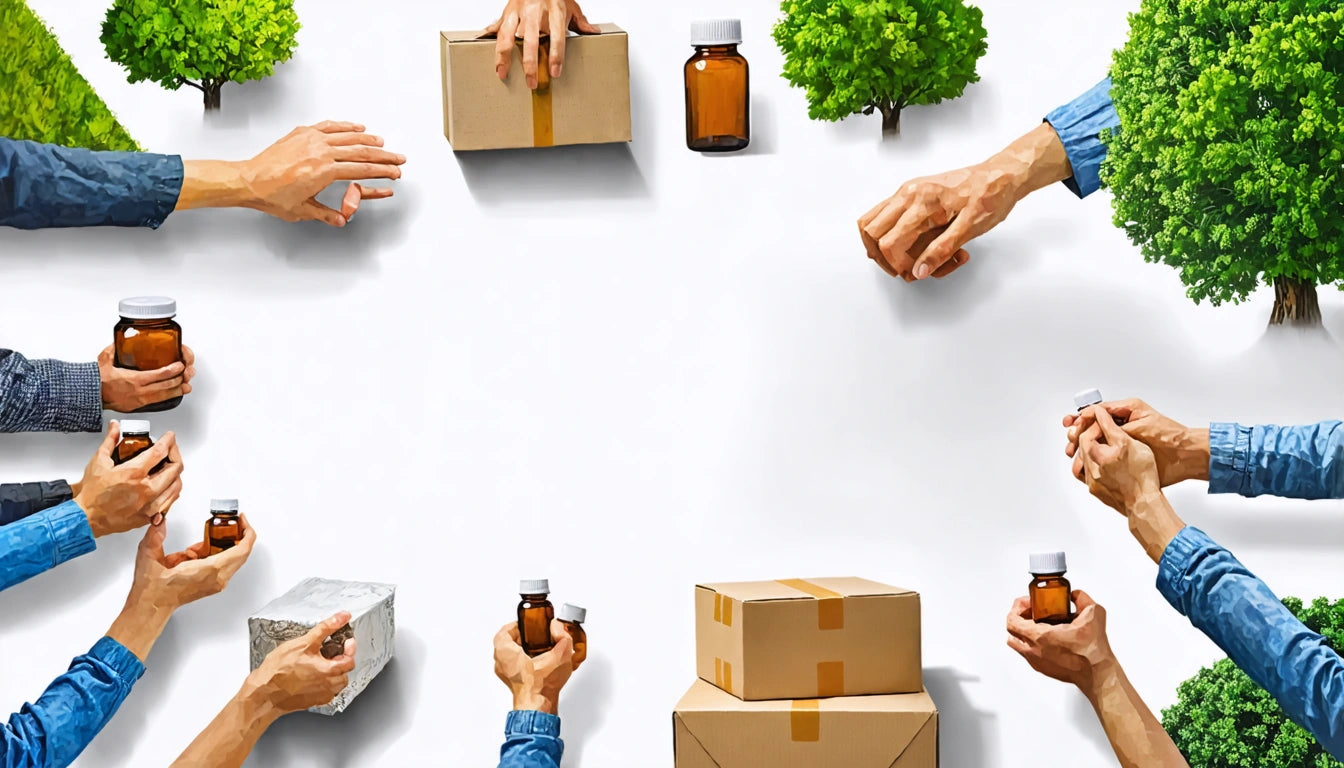 Hands holding boxes and bottles, small trees placed around, on a white background