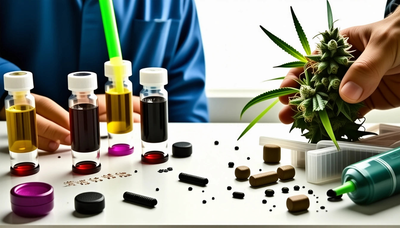 Vials with colored liquids, capsules, and seeds on a table; hand holding a plant with spiky leaves and buds