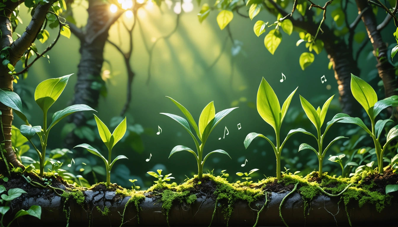 Sunlight filtering through trees onto young green plants with musical notes floating above, surrounded by moss and leaves