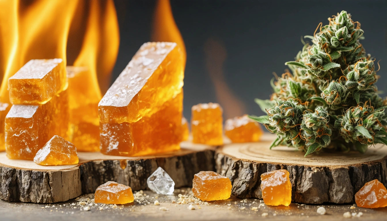 Amber-colored crystals and a green, spiky plant on wooden slabs with flames in the background
