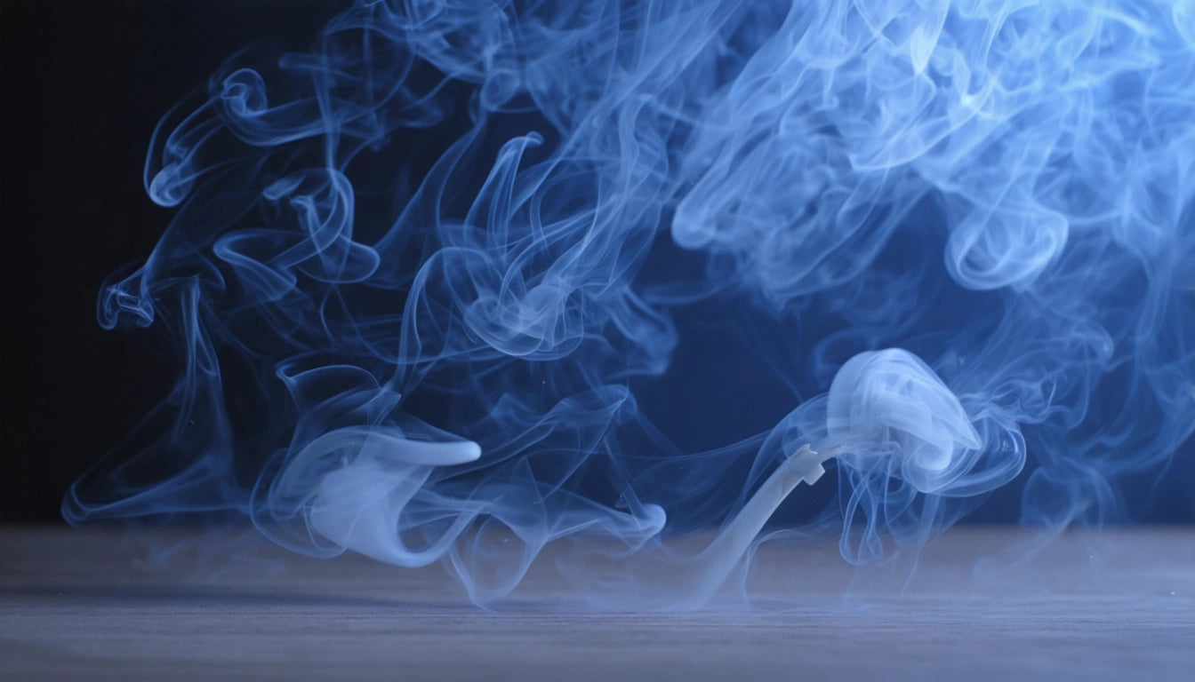 Swirling white smoke against a dark blue background, hovering above a wooden surface