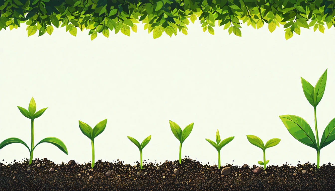 Green leaves hang above, with young green plants sprouting from dark soil below