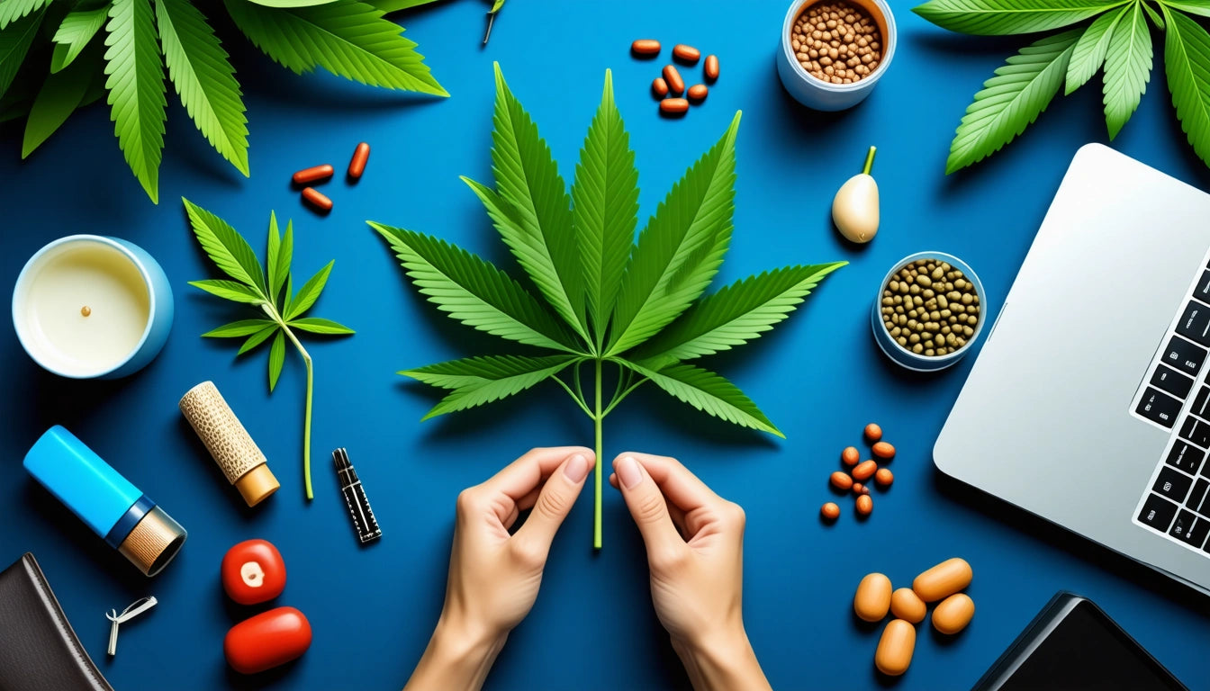 Hands holding a large green leaf on a blue surface, surrounded by pills, seeds, a laptop, and various small objects