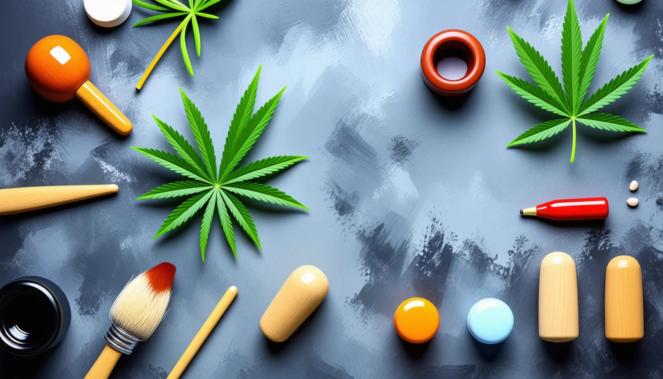 Green leaves, paintbrushes, capsules, and small jars on a textured gray surface