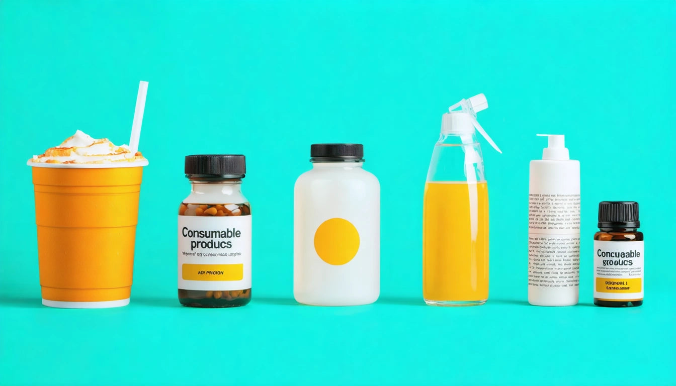 Orange cup with whipped cream, five bottles with various labels and colors on a bright turquoise background