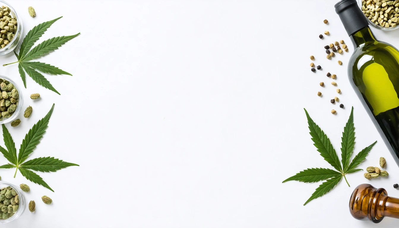 Green bottle, scattered seeds, and cannabis leaves on white background