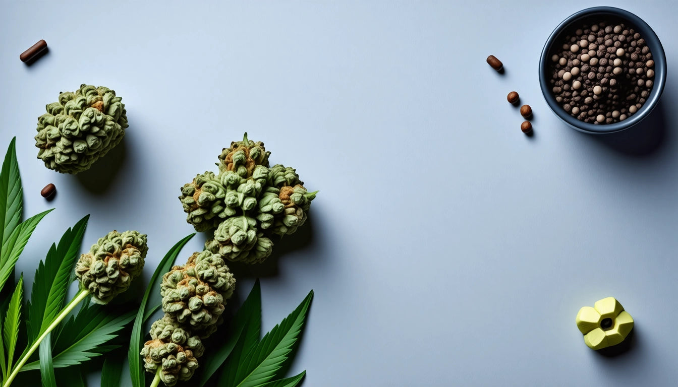 Green leafy plant and clusters of buds on left, small brown seeds scattered on right, round bowl with seeds at top right