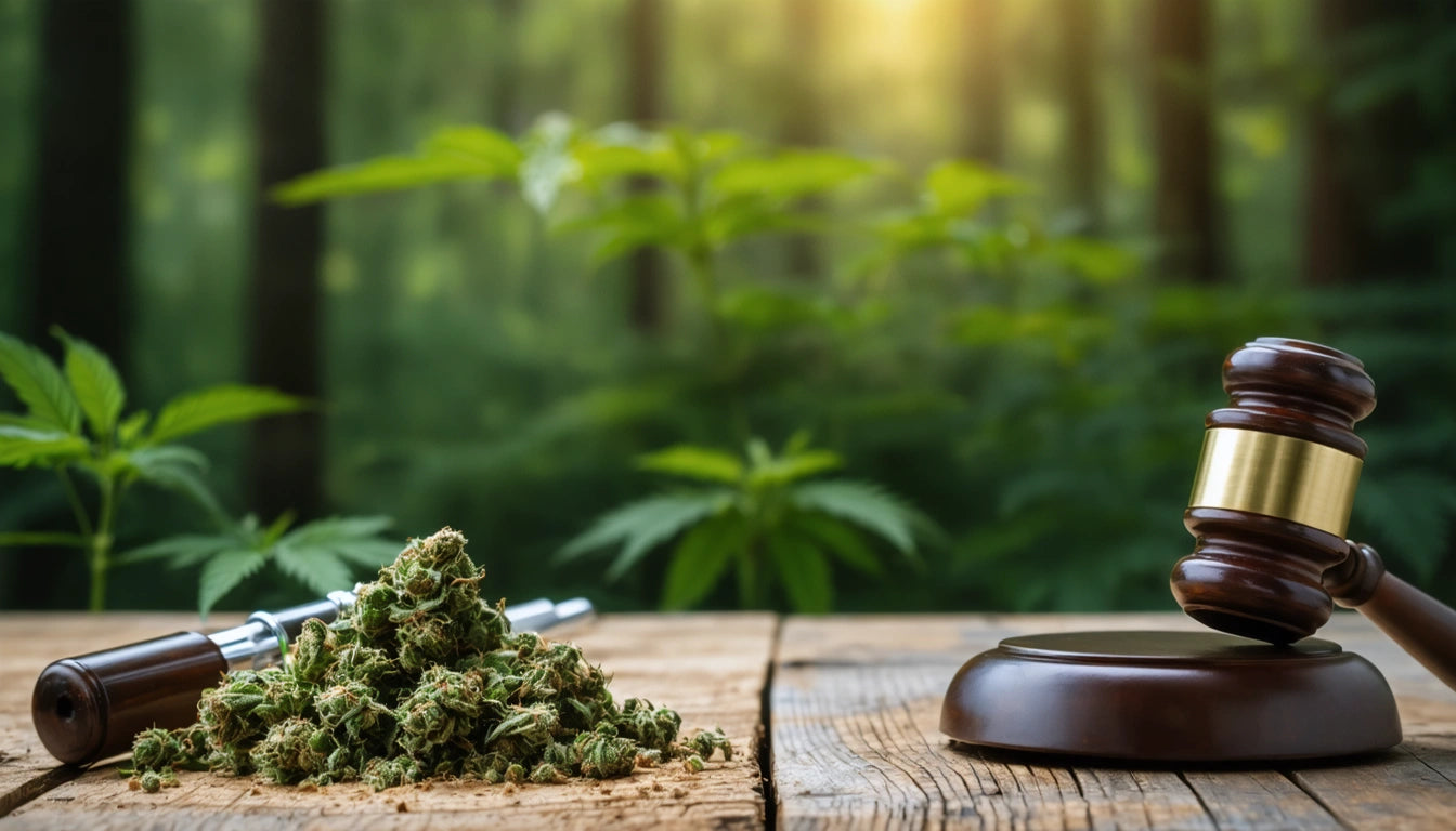 Wooden table with a pile of green plant buds, a gavel, and blurred green foliage in the background