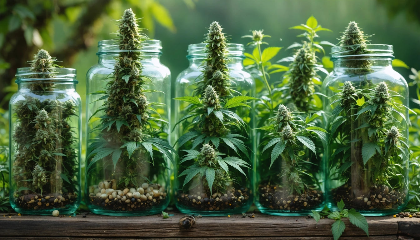 Five glass jars with cannabis plants inside, resting on a wooden surface, surrounded by greenery in soft natural light