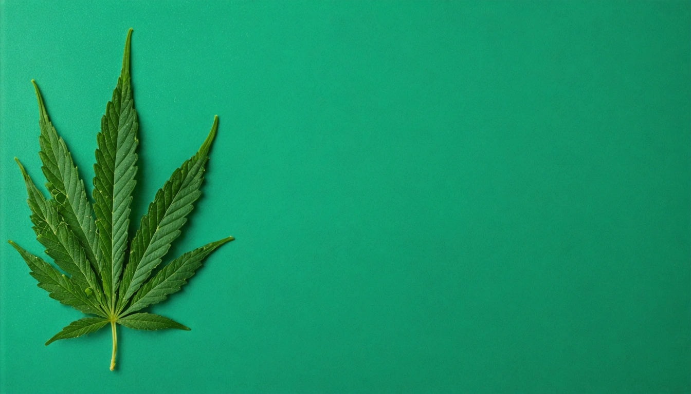 Green leaf with serrated edges on a solid green background, positioned on the left side of the image