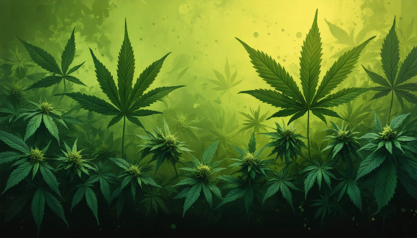 Green cannabis leaves and plants against a gradient yellow-green background with scattered dark spots