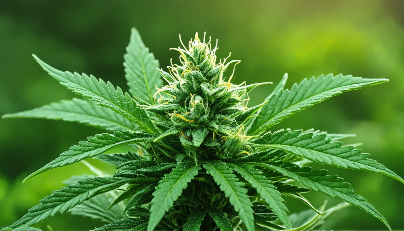 Green plant with pointed leaves and a dense, spiky bud in the center, set against a blurred green background