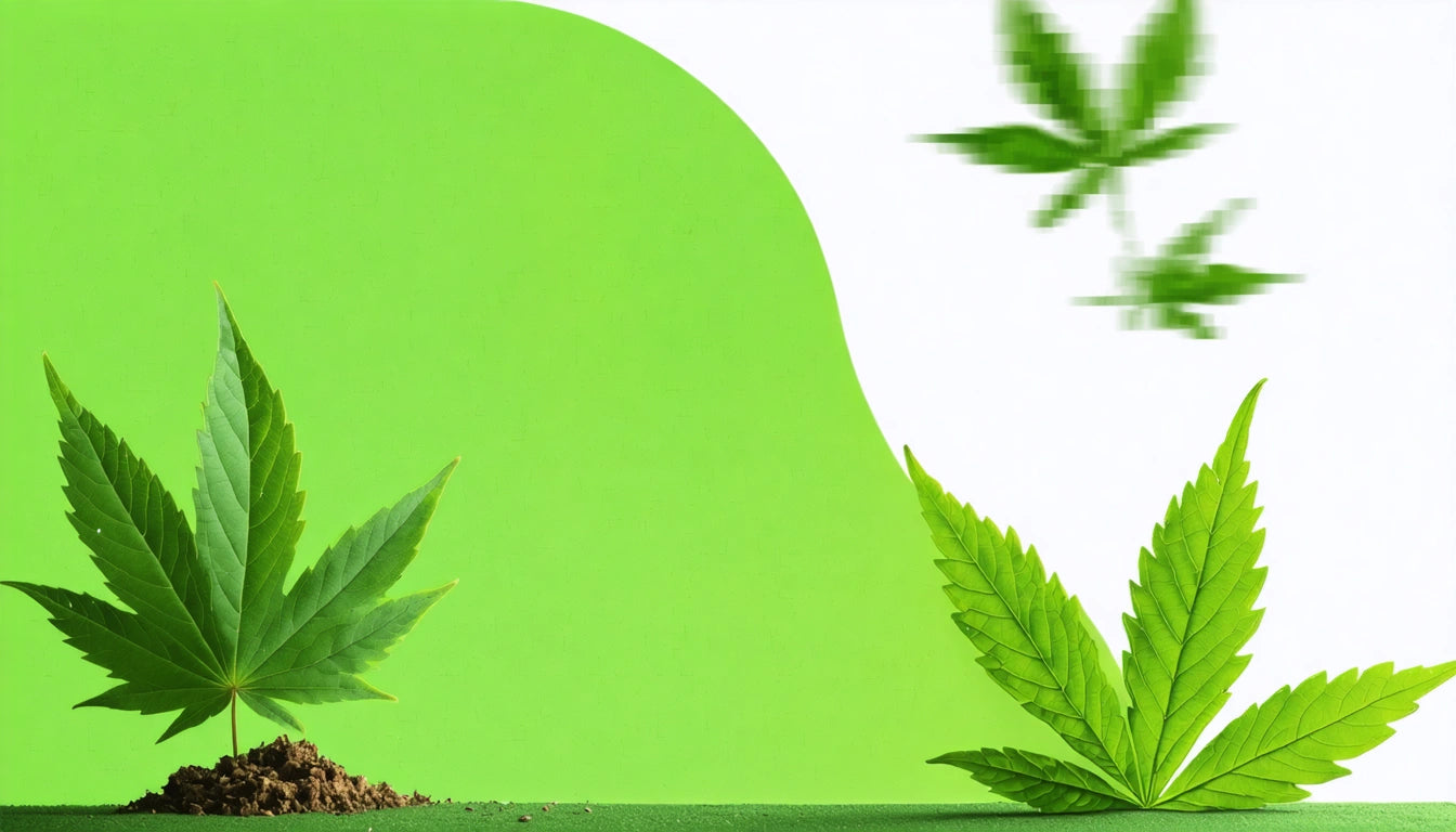 Green leaves on soil with a bright green and white background, blurred leaf in the upper right corner