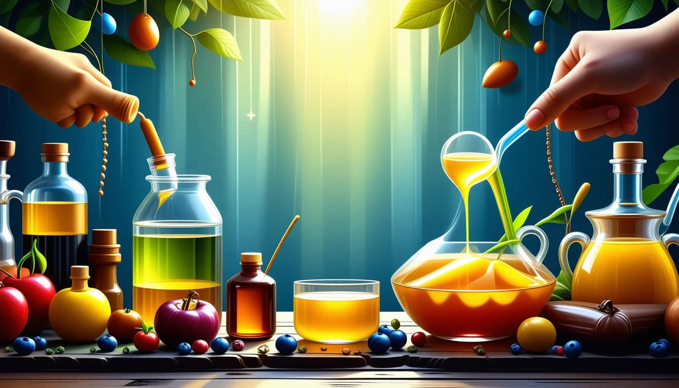 Hands pouring liquid into glass containers, surrounded by bottles, fruits, and leaves, with sunlight streaming through