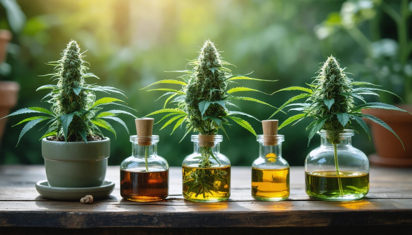 Four glass bottles with corks containing different colored liquids, each topped with a cannabis plant, on a wooden table