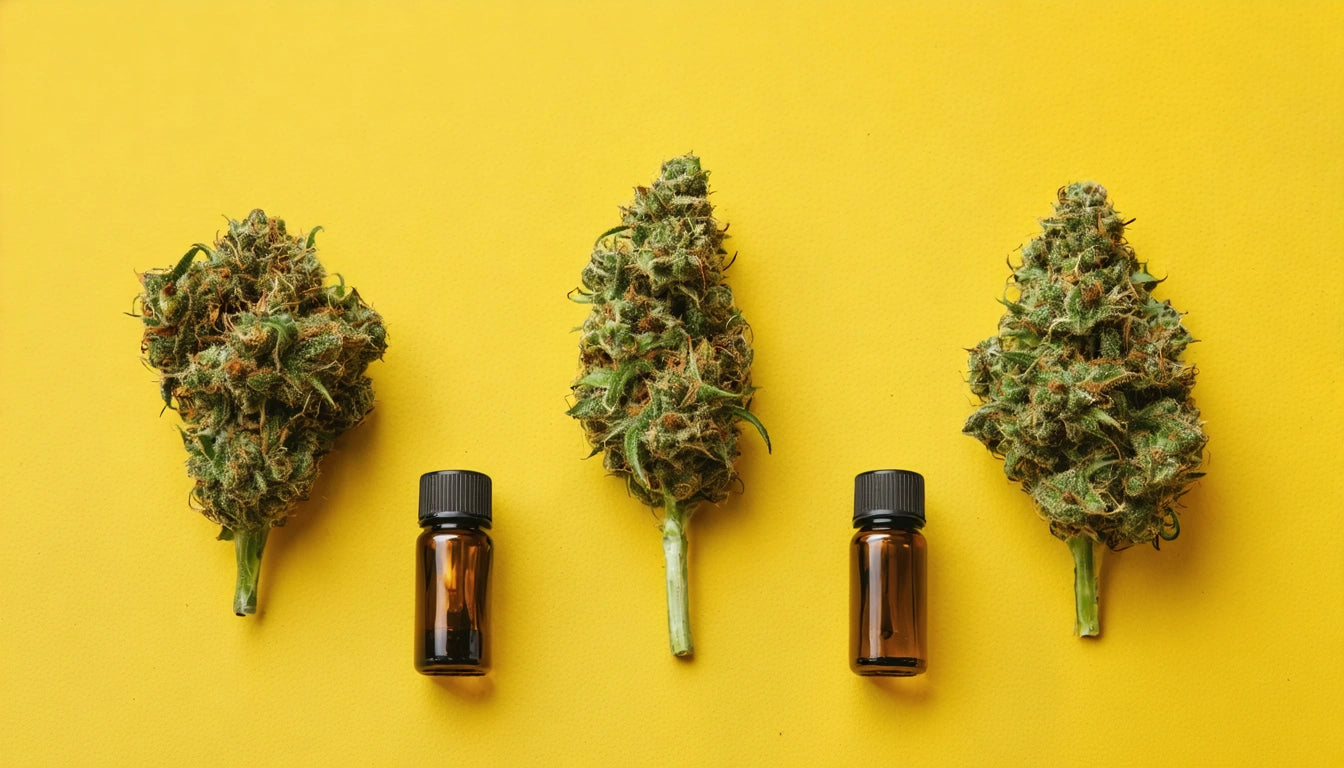 Three cannabis buds and two small amber bottles on a bright yellow background