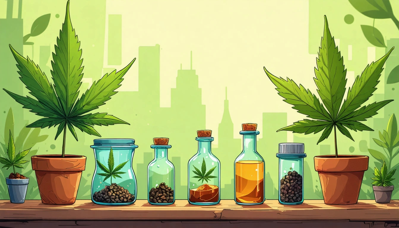 Seven glass jars with cork lids on a wooden shelf, containing various items, flanked by potted plants with large leaves