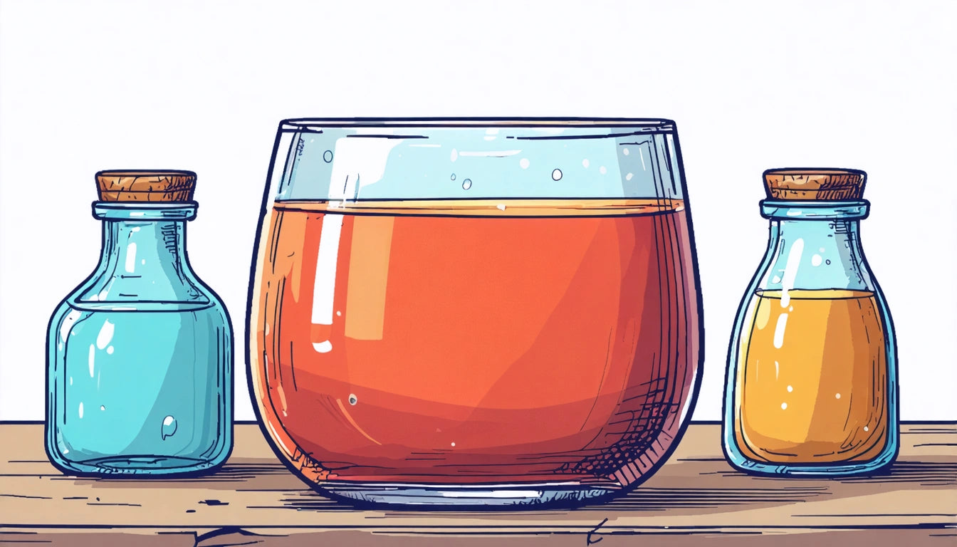 A large glass filled with orange liquid flanked by two small corked bottles, one blue and one amber, on a wooden surface