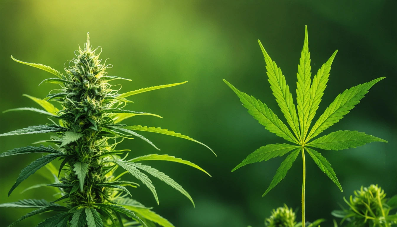 Green plant with spiky leaves and a tall, pointed bud next to a flat, fan-shaped leaf against a blurred green background