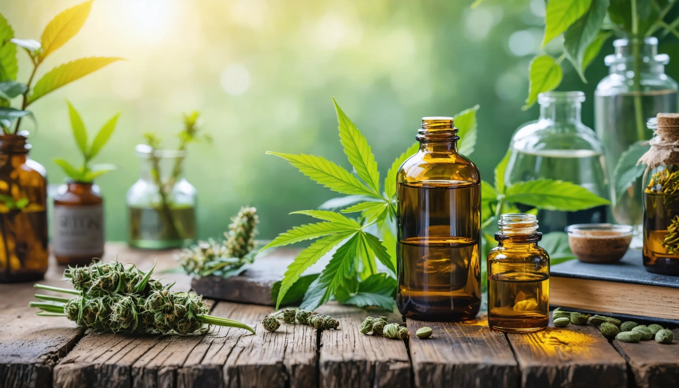 Brown glass bottles on wooden table with green leaves and dried herbs, sunlight filtering through foliage in background