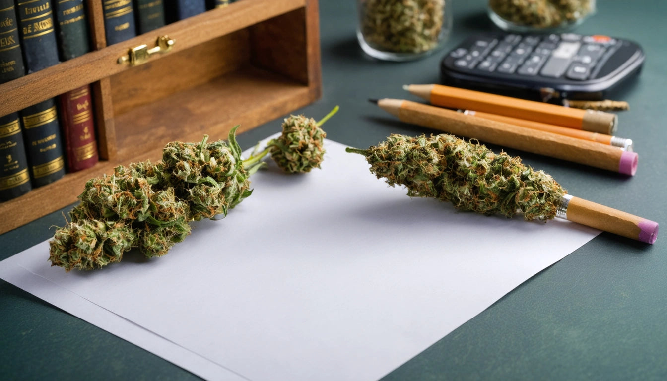 Wooden box, cannabis buds on paper, pencils, calculator, and jars on a green surface