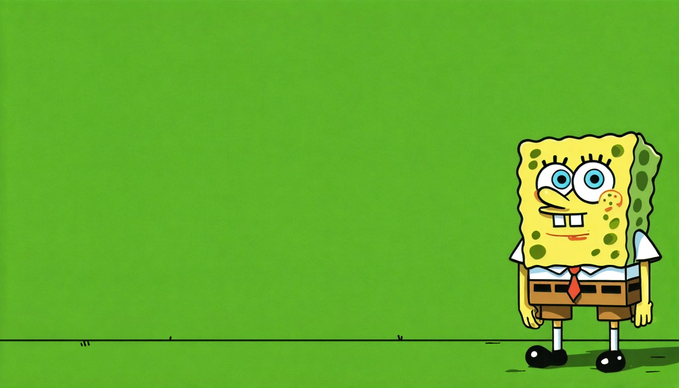 Cartoon character with square pants and a tie stands on the right against a solid green background