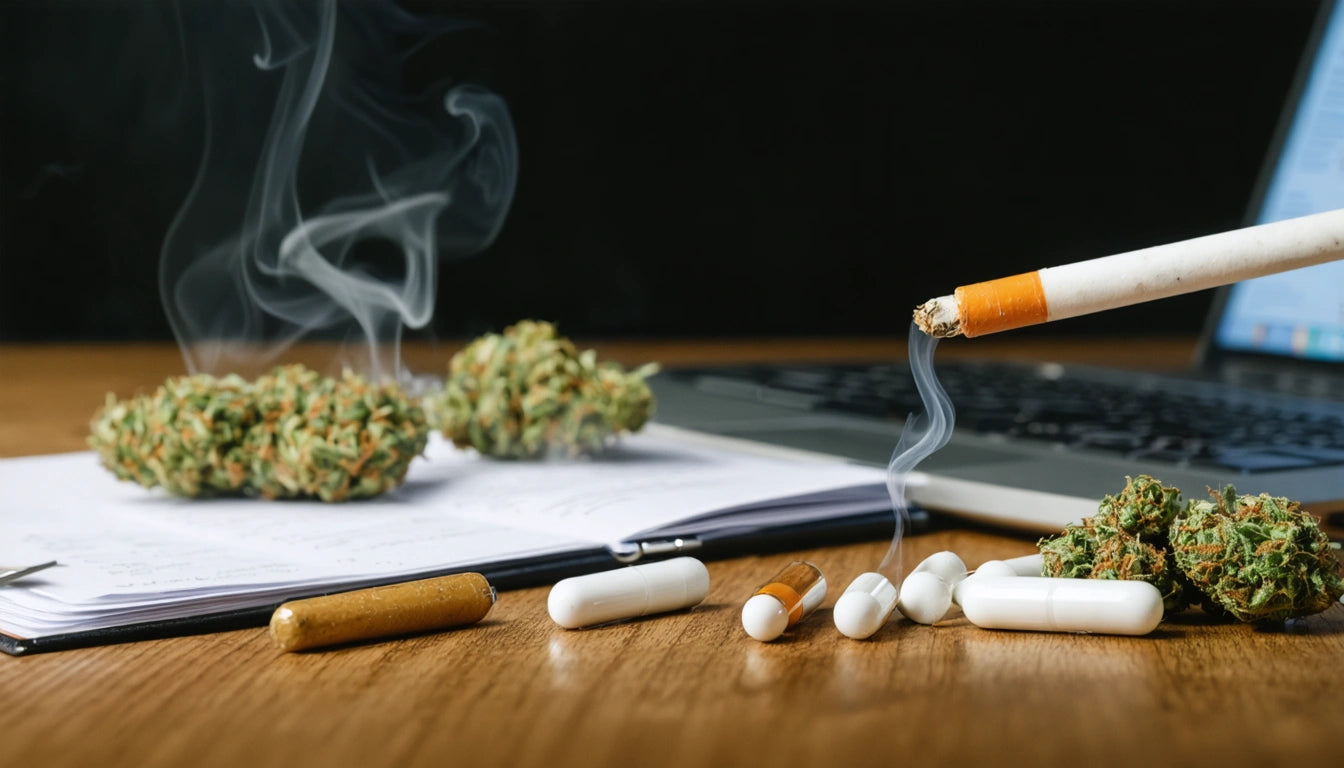 Smoking cigarette, pills, and cannabis buds on wooden table with open laptop and notebook, smoke rising in the air
