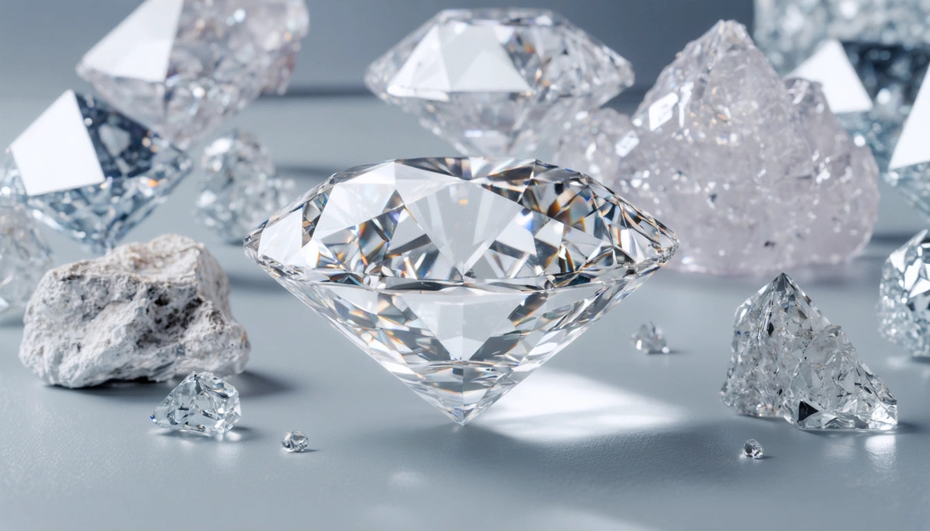 Sparkling diamonds and rough stones scattered on a smooth, light gray surface, with soft lighting creating reflections