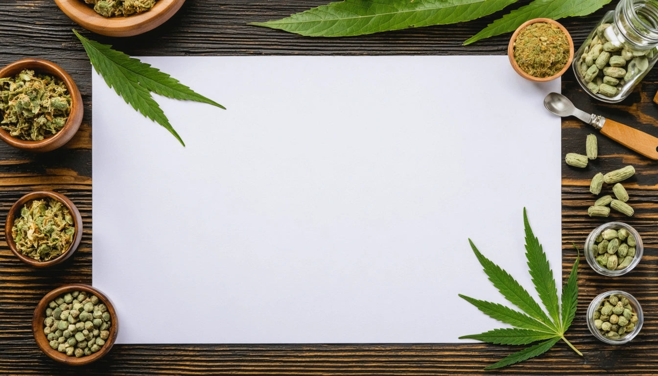 White paper surrounded by green leaves, small bowls of herbs, and glass jars on a wooden surface