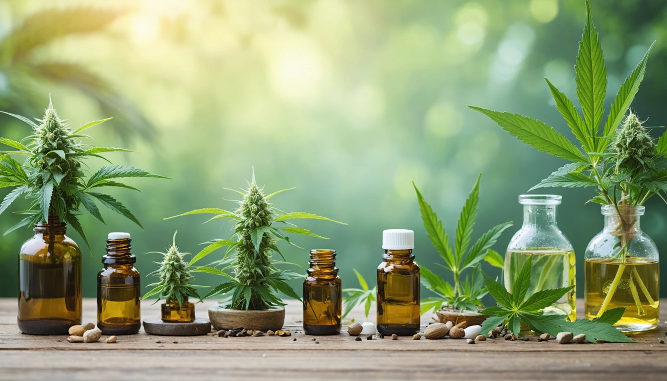 Brown glass bottles and jars with green cannabis leaves, small stones, and seeds on a wooden surface, blurred greenery in background
