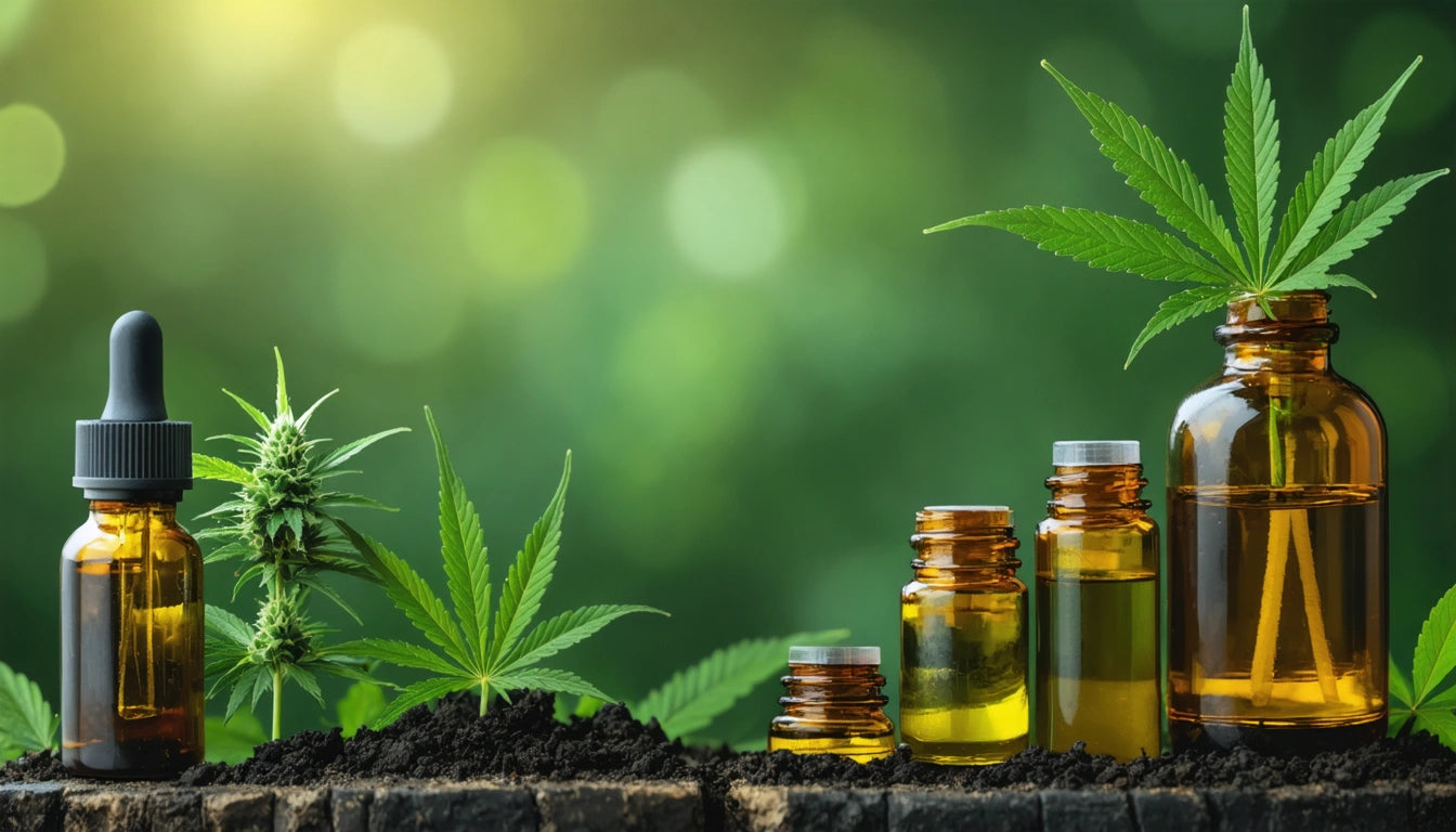 Amber glass bottles with droppers, cannabis leaves, and soil on a wooden surface, blurred green background
