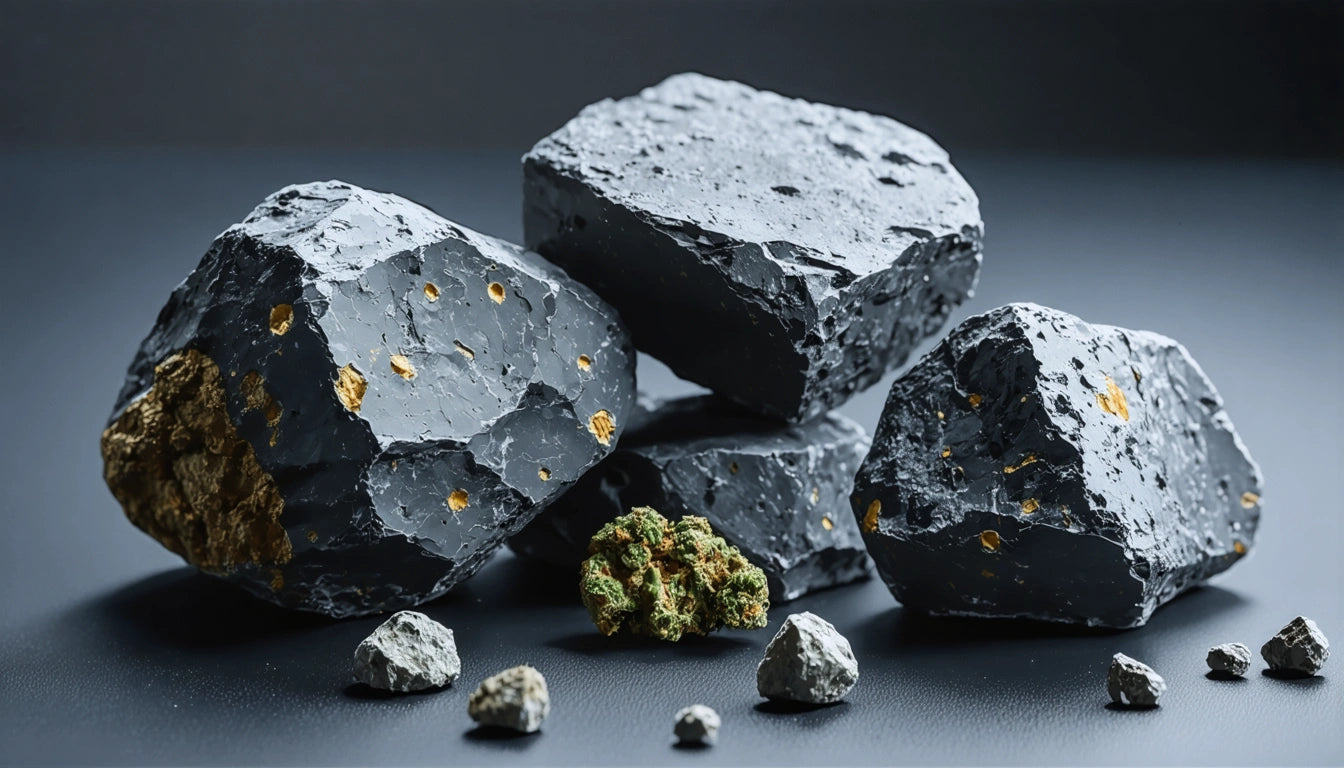 Four large, rough black rocks with gold specks, small gray stones, and a green moss-like cluster on a dark surface