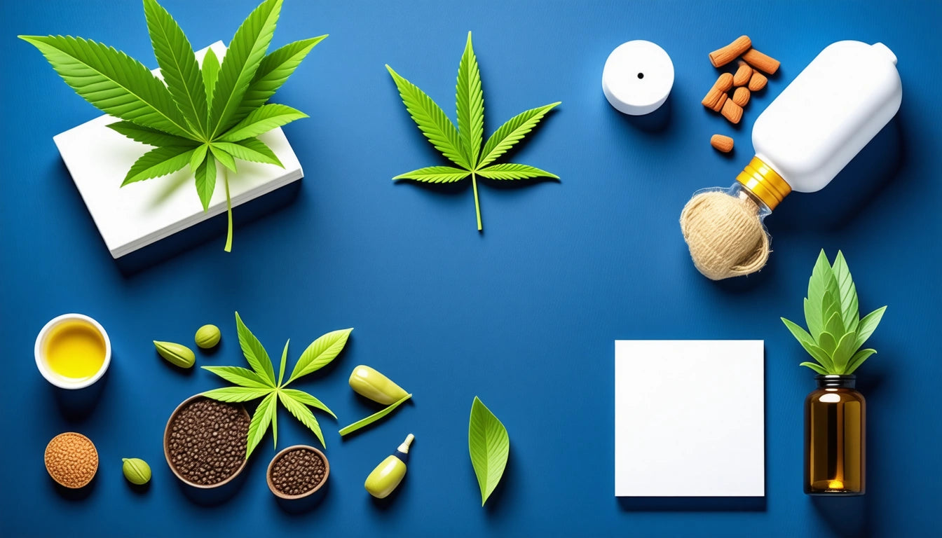 Green leaves, pills, bottles, and small bowls on a blue surface, with a white candle and a spool of twine