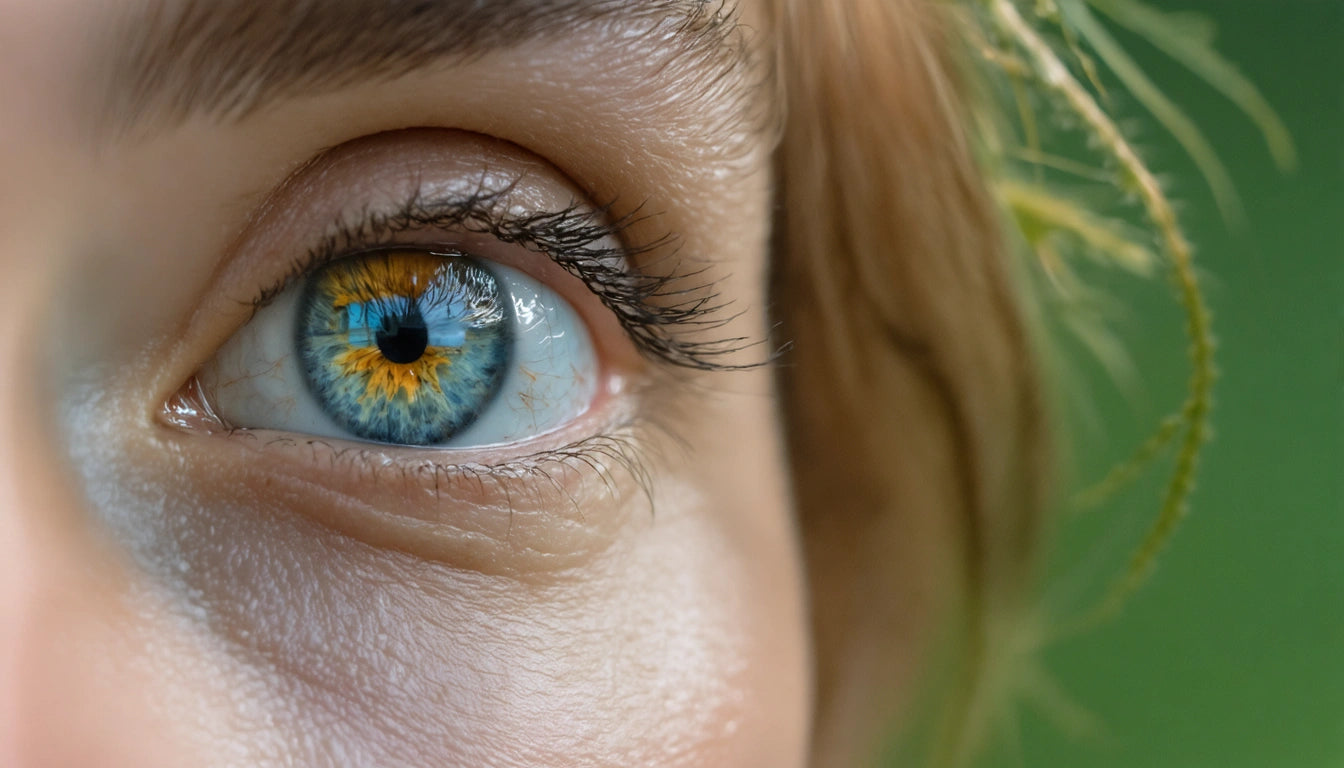 Close-up of a blue eye with yellow and brown flecks, surrounded by light skin and blonde hair strands against a green background