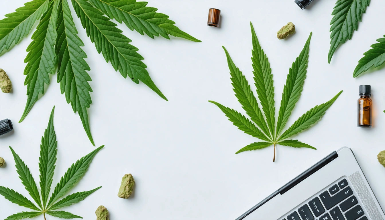 Green leaves, small brown bottles, and buds scattered on white surface; partial view of a laptop in the corner