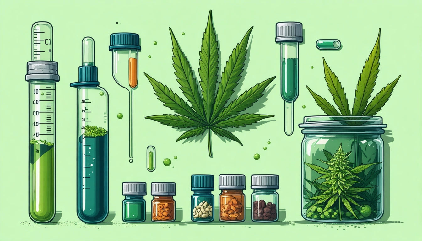 Various glass containers with green liquid, cannabis leaves, and capsules on a light green background