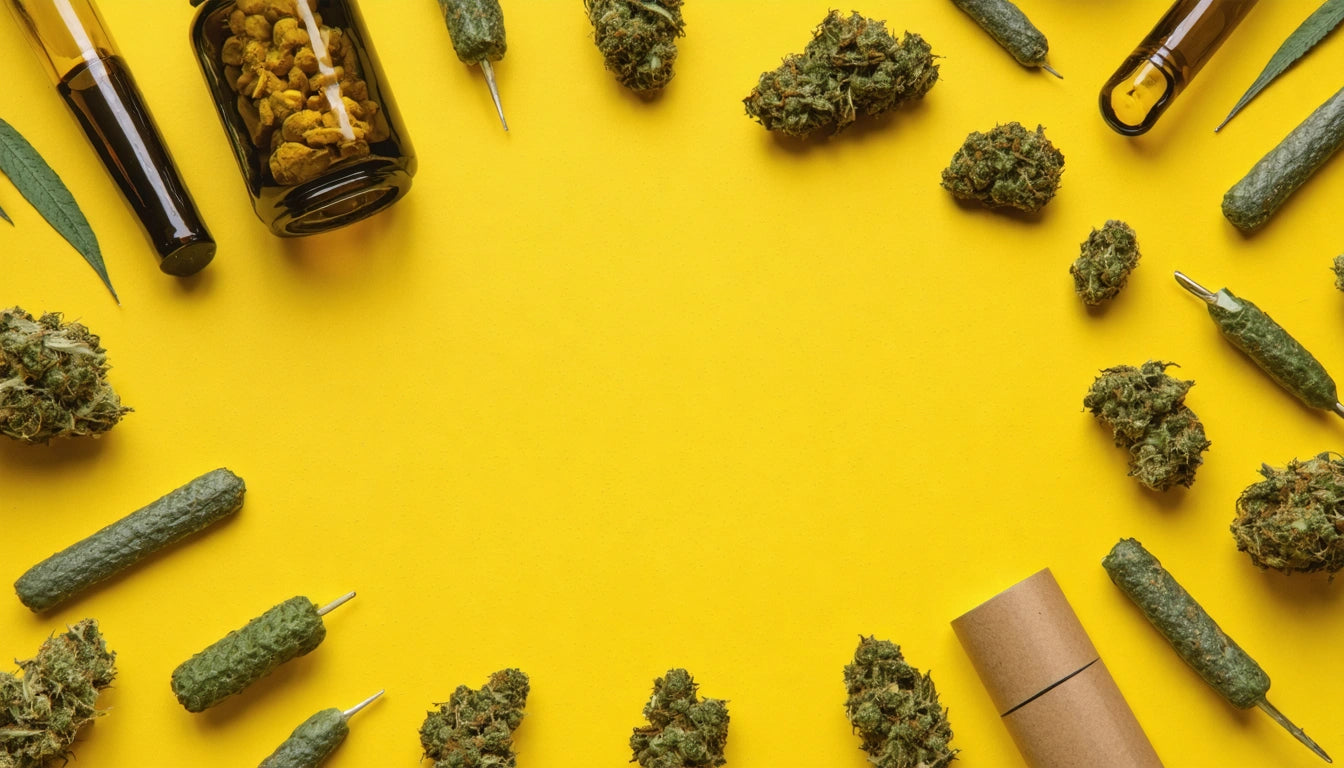 Glass jar, cannabis buds, pre-rolled joints, and dropper bottles arranged in a circle on a bright yellow background