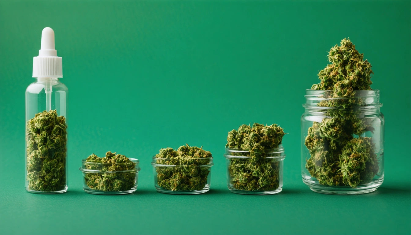 Five glass containers of varying sizes filled with green plant buds, arranged in a row against a solid green background