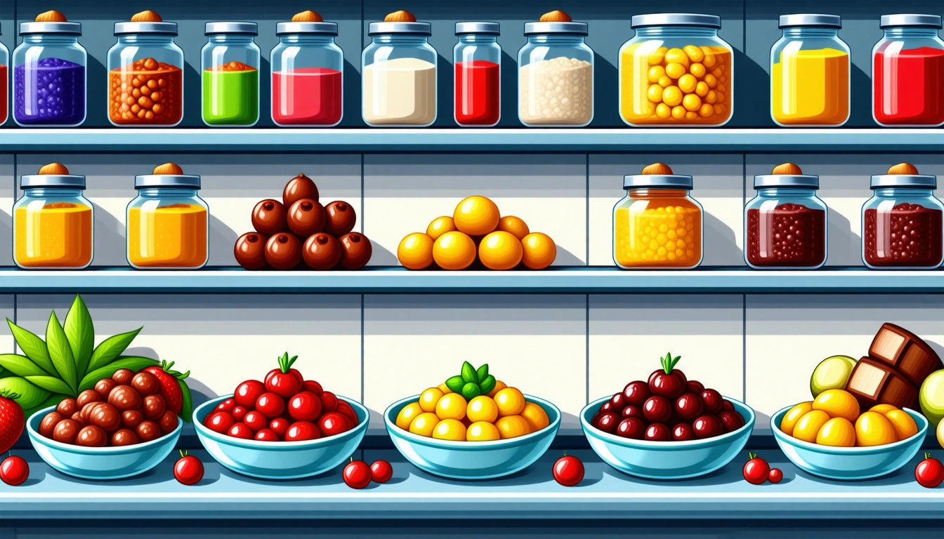 Jars of colorful liquids and powders on shelves above bowls of assorted fruits and chocolates