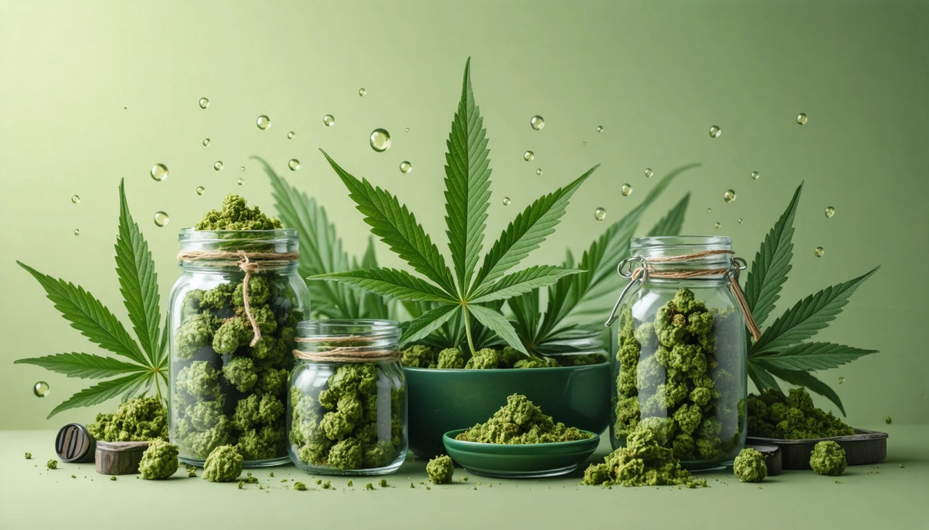 Glass jars filled with green buds, large cannabis leaves in the background, droplets suspended in mid-air, green backdrop