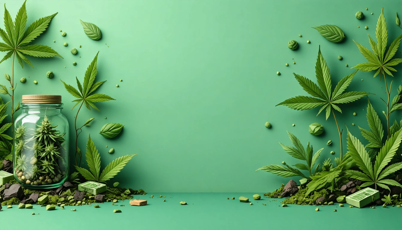 Green leaves and buds scattered on a green surface, with a jar containing similar leaves on the left