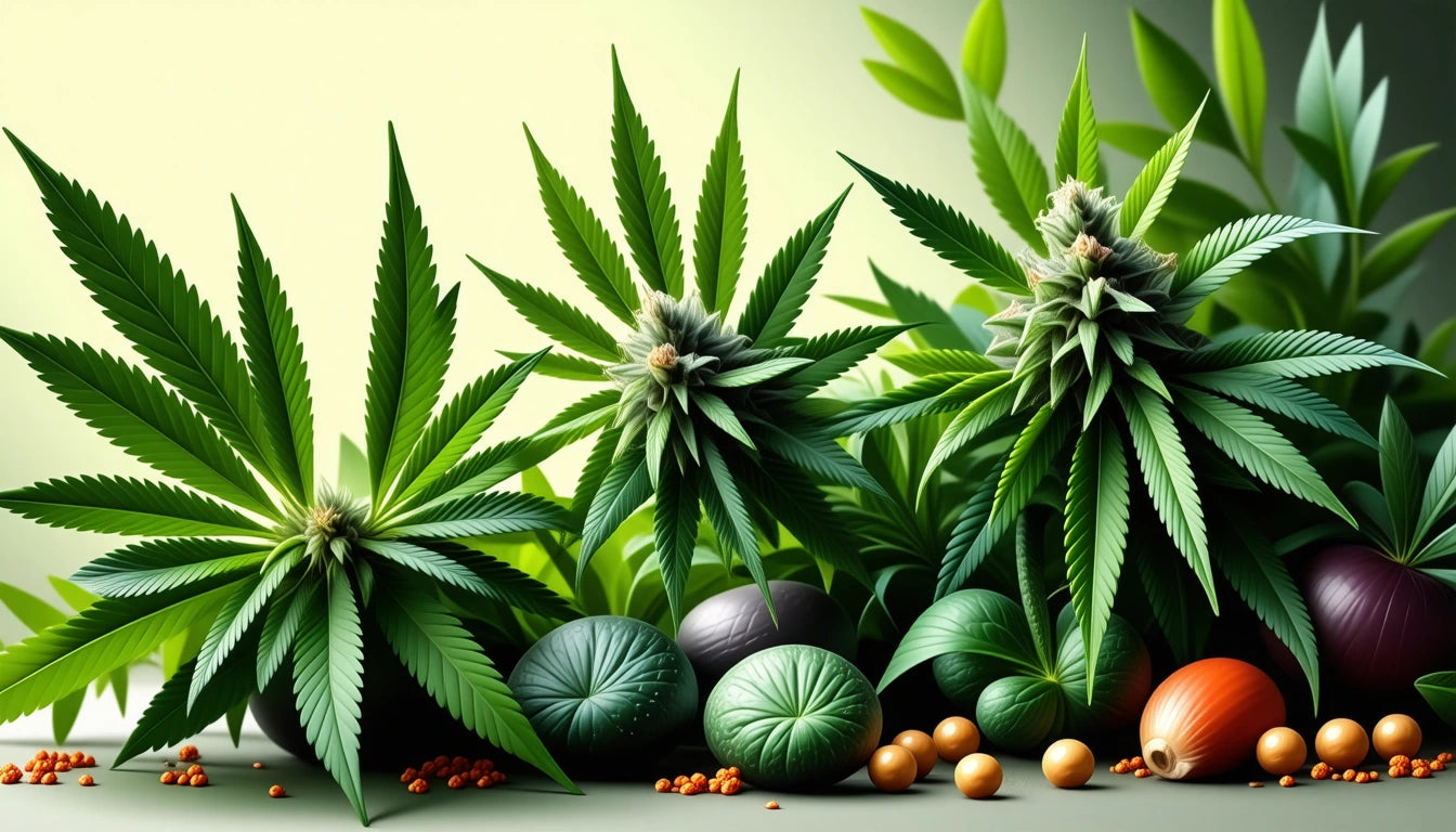 Green spiky leaves, round green fruits, and small orange berries on a surface with soft lighting