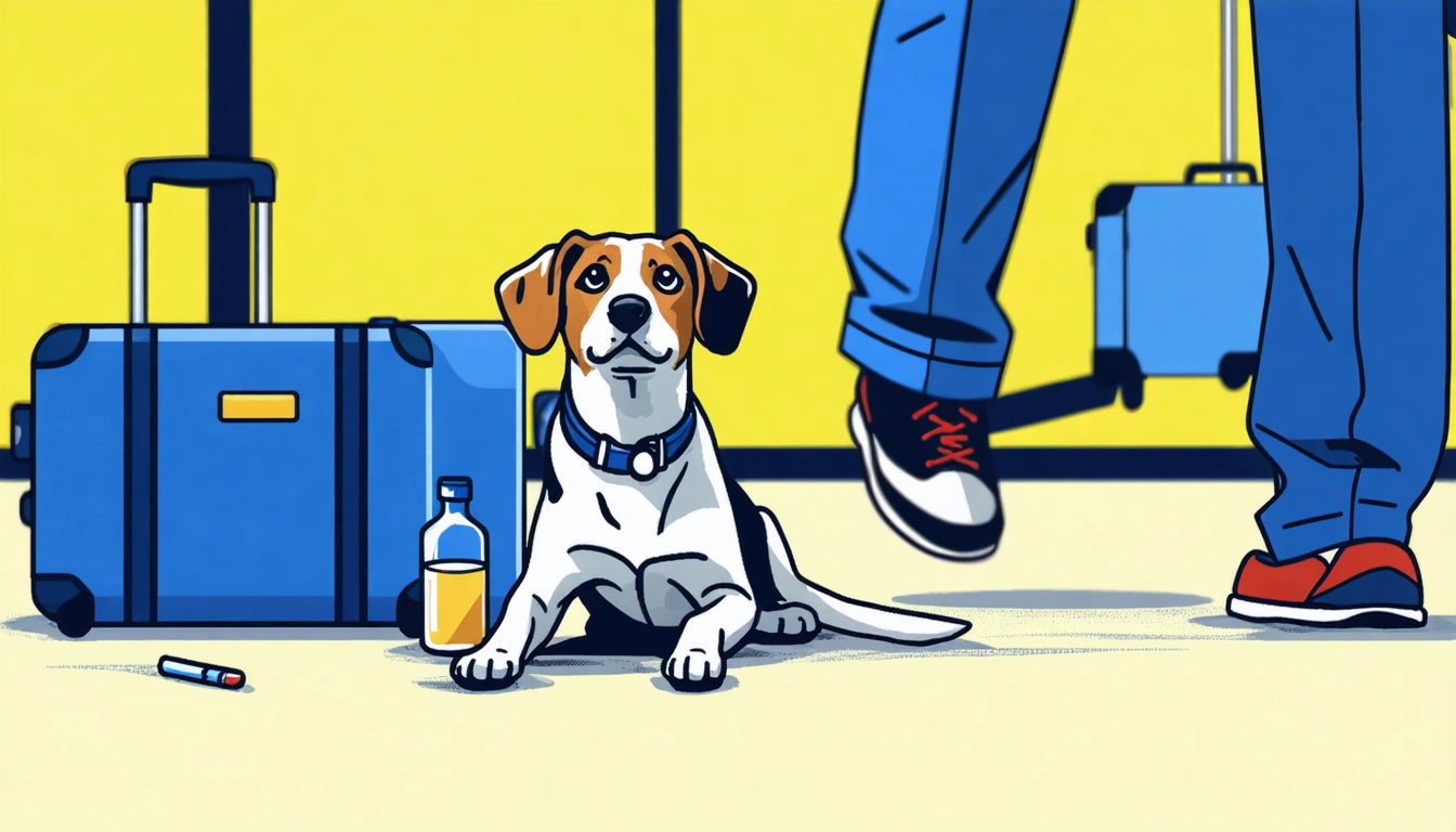 Beagle sitting on floor next to blue suitcase and water bottle, person wearing blue jeans and red sneakers walking by